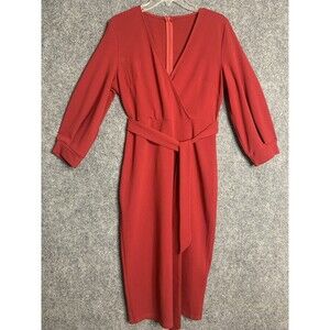 Unbranded Fitted Sheath Dress Women L Midi Dark Red Belted V-neckline